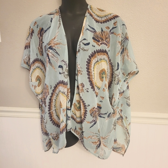 Umgee Cape Kimono Green Blue Paisley Lace Back S/M Sheer Boho Coverup Vest - Picture 3 of 9